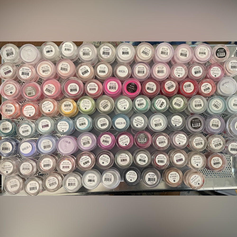 Huge Lot of 127 Revel Nail Dipping Powders with 9 Matching Polishes and Swatches